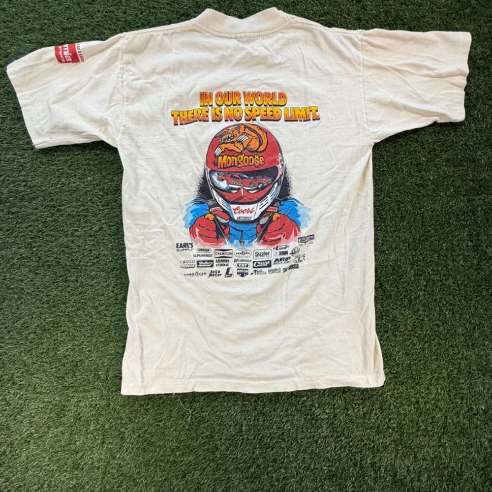 Vintage 80s Tom The Mongoose McEwen Coors Corvette Drag Racing Tee White Mens - Picture 2 of 6